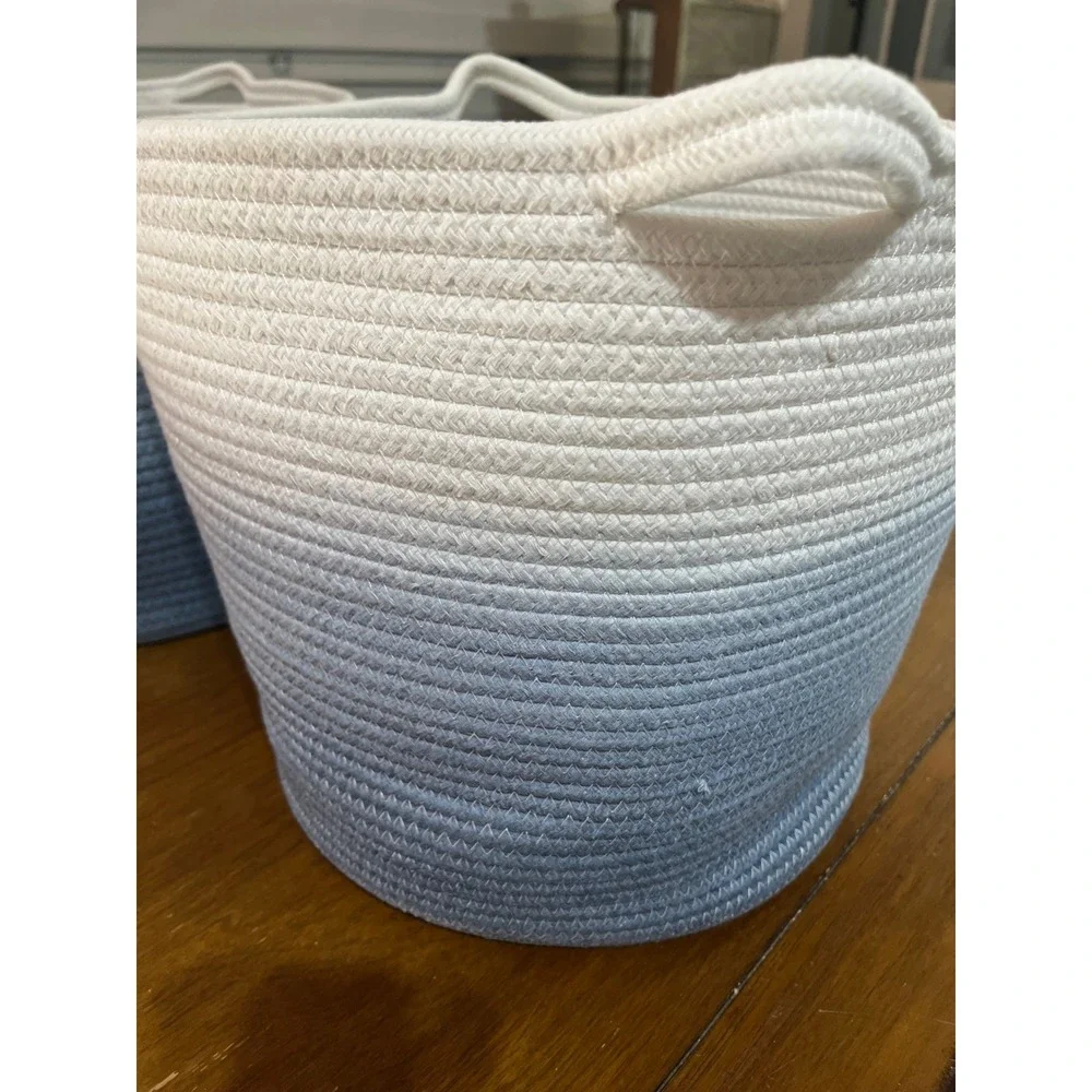 Set of 2 Blue White Ombre Woven Cotton Rope Storage Baskets with Handles 11x14